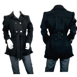 Black double breasted, belted Pea Coat